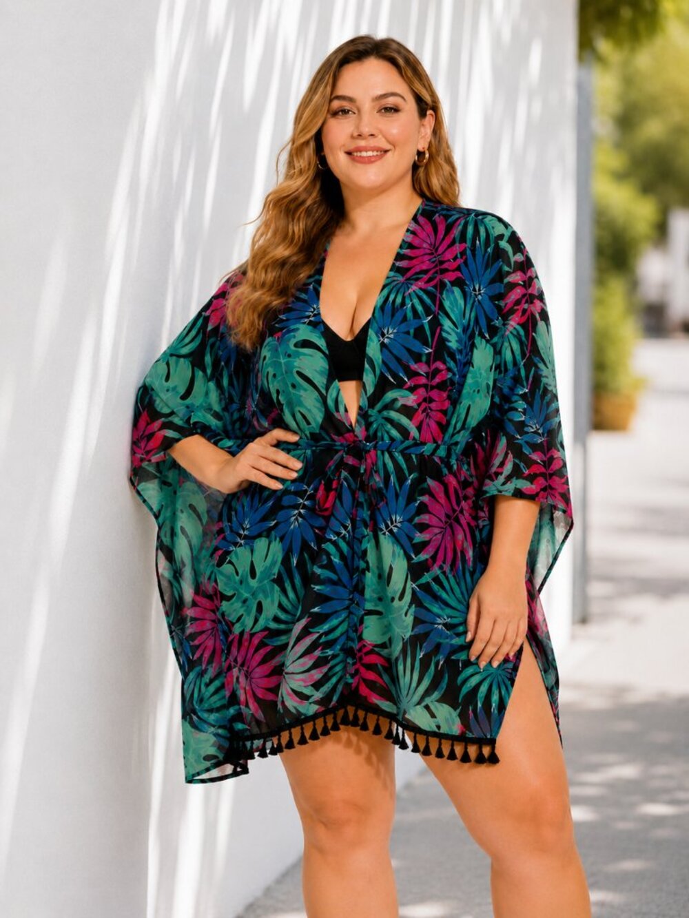 AS ROSE Tropical Leaf Kimono Swim Cover Up 3X Tassel Plus Size NWT